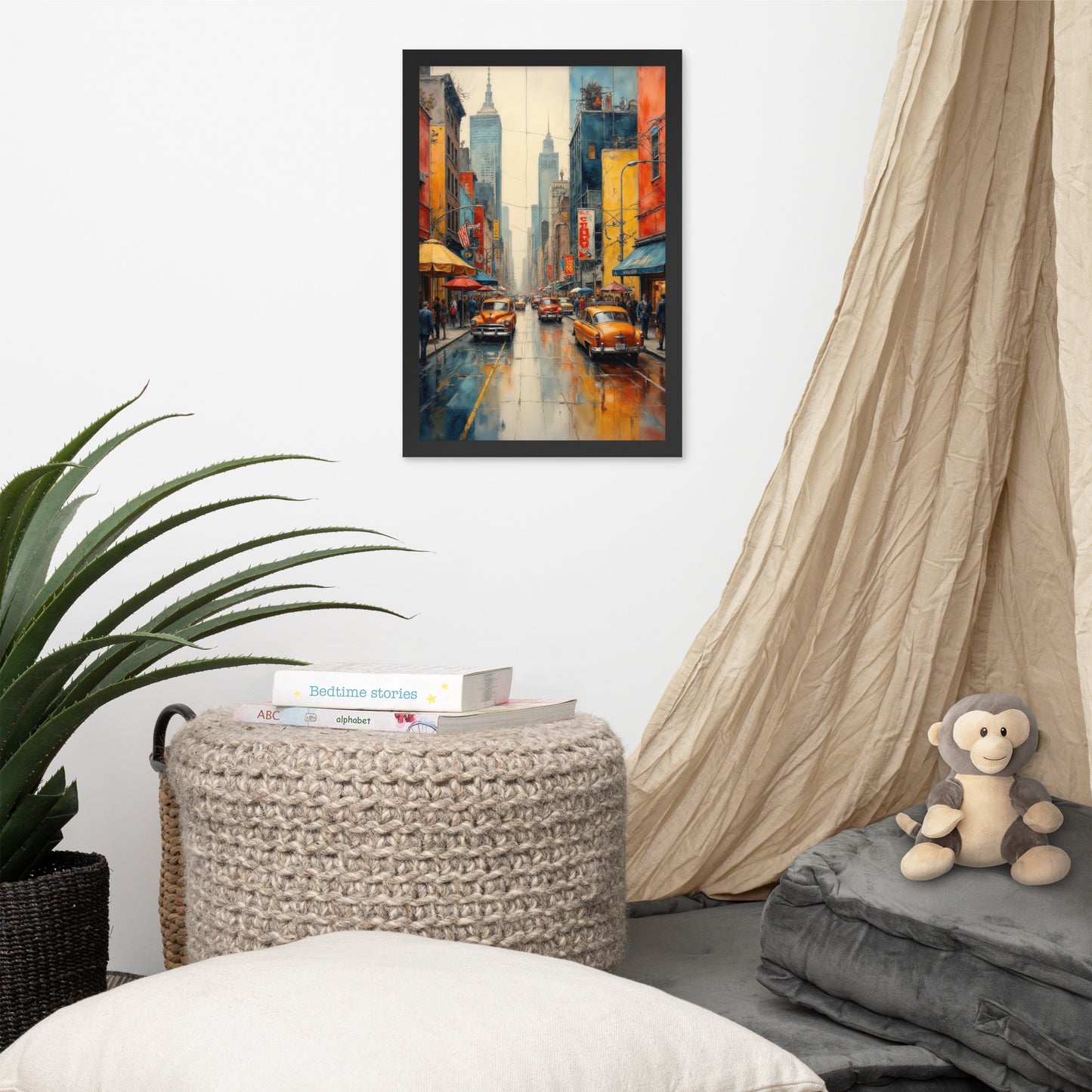 Abstract cityscape, expressionist painting style - Vibrant color palette - Framed poster