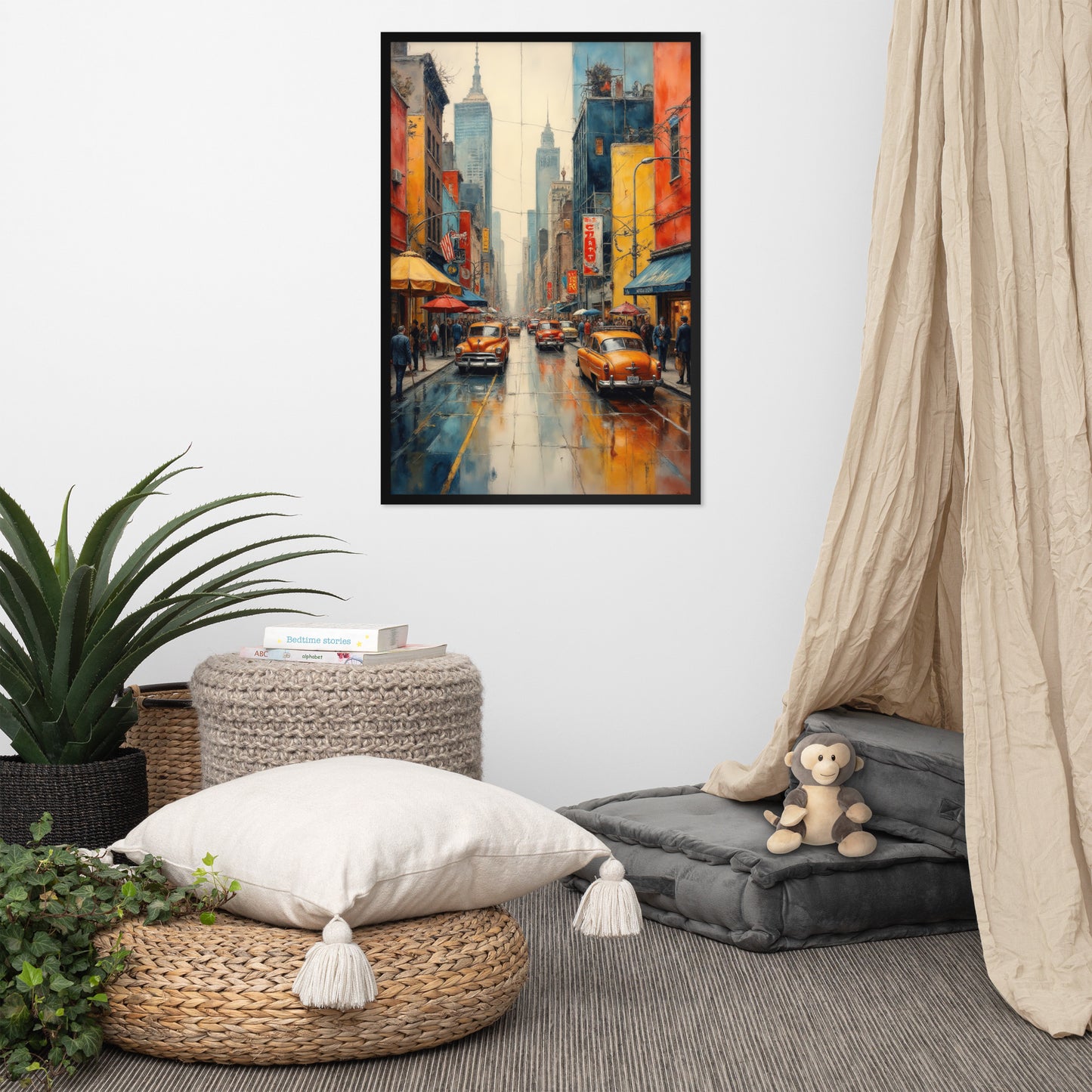 Abstract cityscape, expressionist painting style - Vibrant color palette - Framed poster