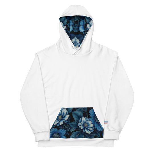 Unisex Floral Contrast Hoodie – Printed Interior Hood & Pocket with Blue Flowers Pattern
