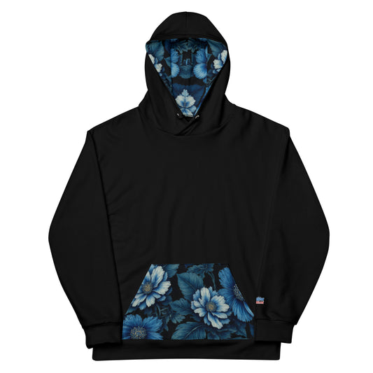 Unisex Floral Contrast Hoodie – Printed Interior Hood & Pocket - Blue Flowers Pattern