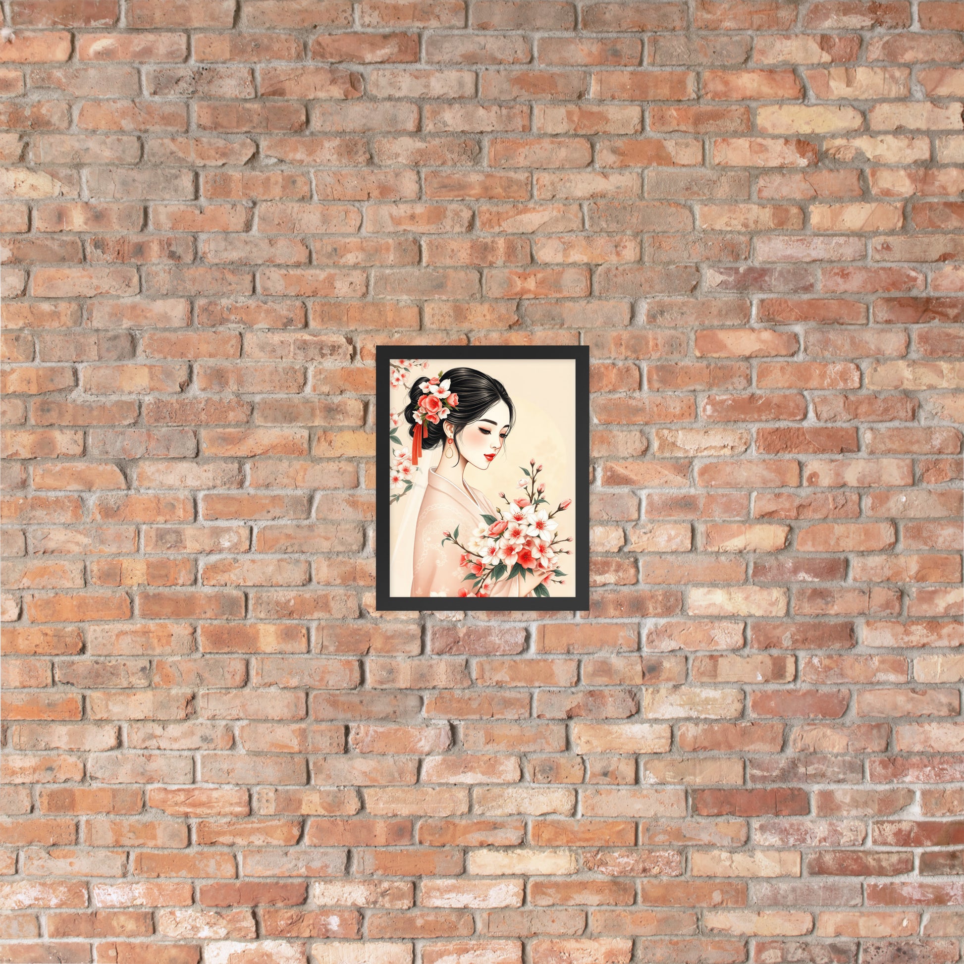 Elegant Cherry Blossom Bride – Framed Art Print - Romantic Kachoga Style Inspired Wall Decor - Framed poster