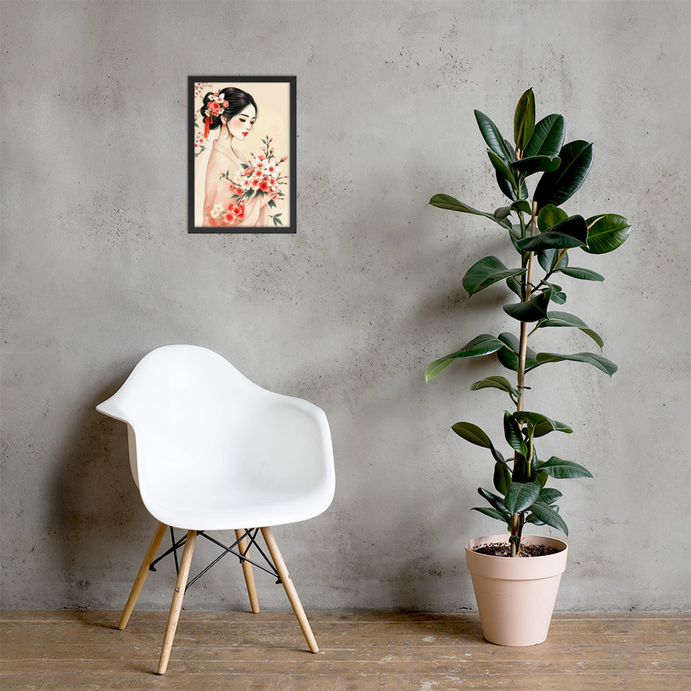 Elegant Cherry Blossom Bride – Framed Art Print - Romantic Kachoga Style Inspired Wall Decor - Framed poster