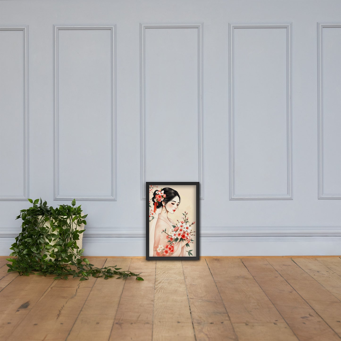 Elegant Cherry Blossom Bride – Framed Art Print - Romantic Kachoga Style Inspired Wall Decor - Framed poster