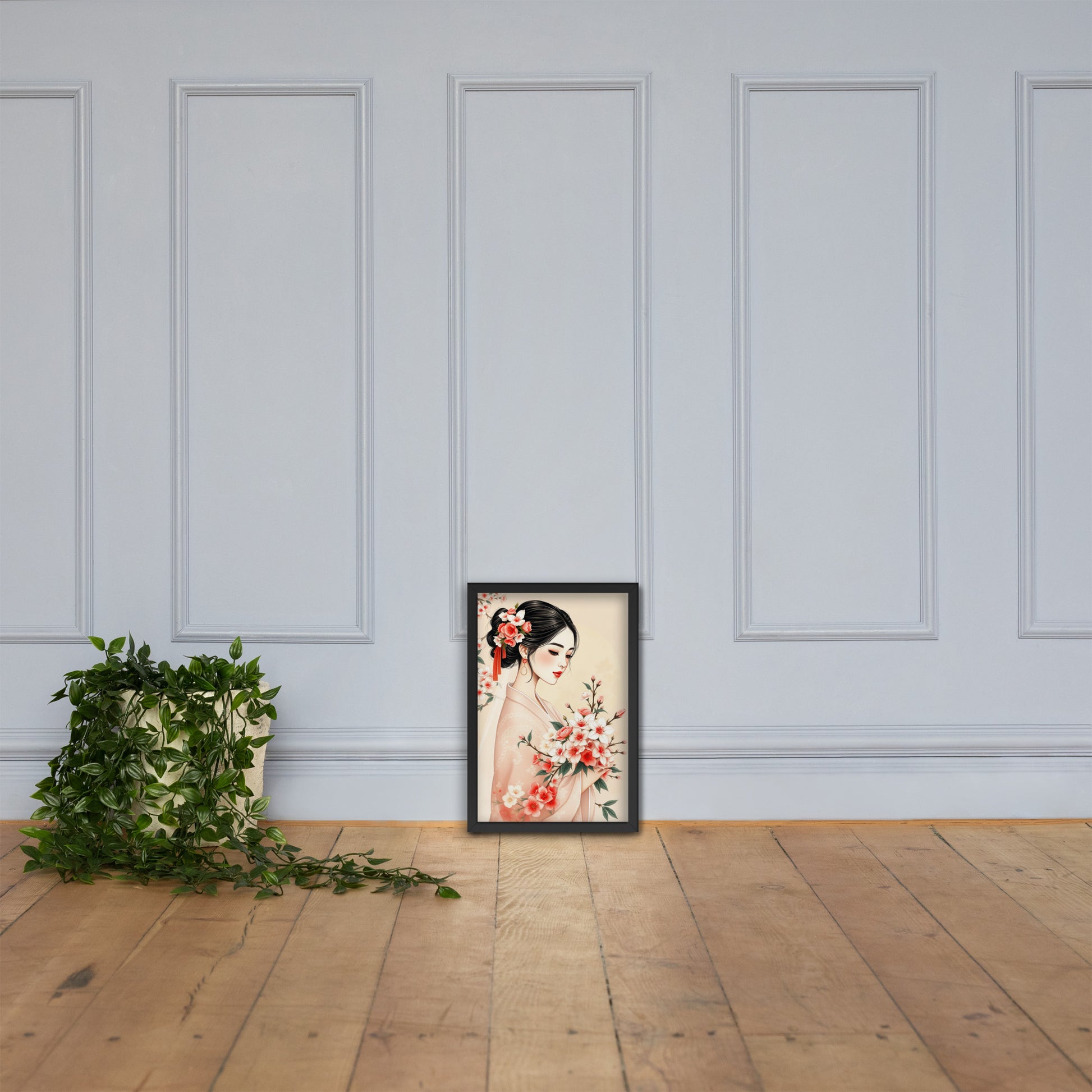 Elegant Cherry Blossom Bride – Framed Art Print - Romantic Kachoga Style Inspired Wall Decor - Framed poster