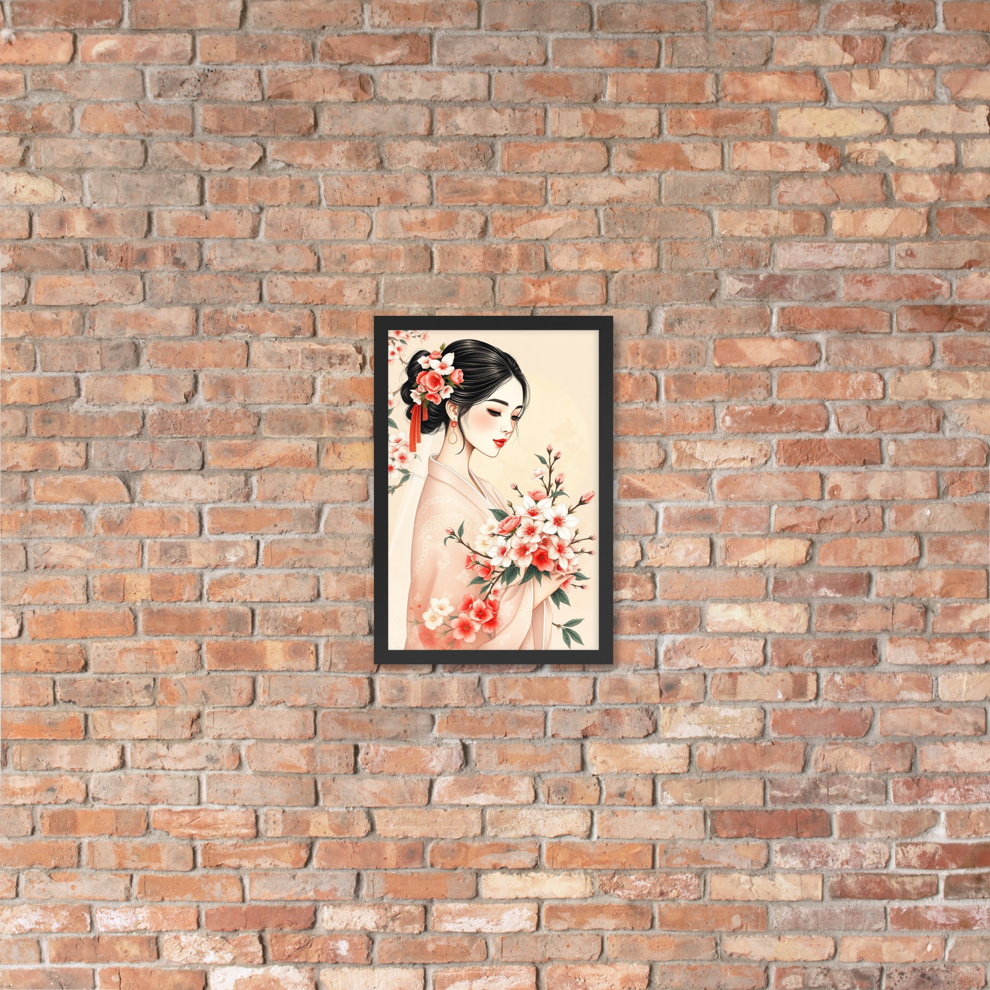 Elegant Cherry Blossom Bride – Framed Art Print - Romantic Kachoga Style Inspired Wall Decor - Framed poster