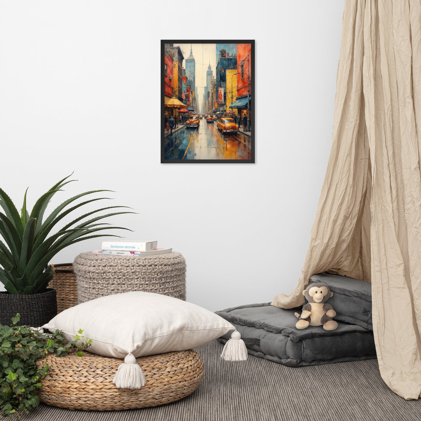 Abstract cityscape, expressionist painting style - Vibrant color palette - Framed poster