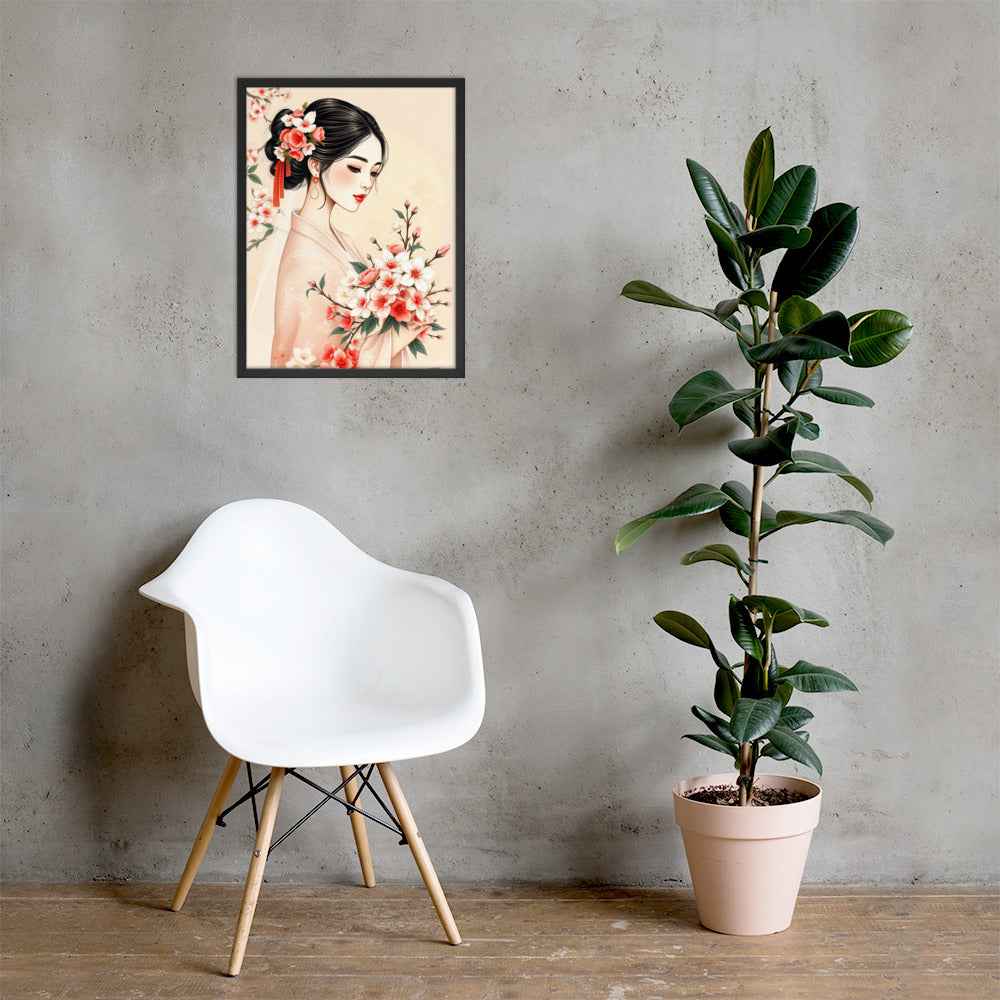 Elegant Cherry Blossom Bride – Framed Art Print - Romantic Kachoga Style Inspired Wall Decor - Framed poster