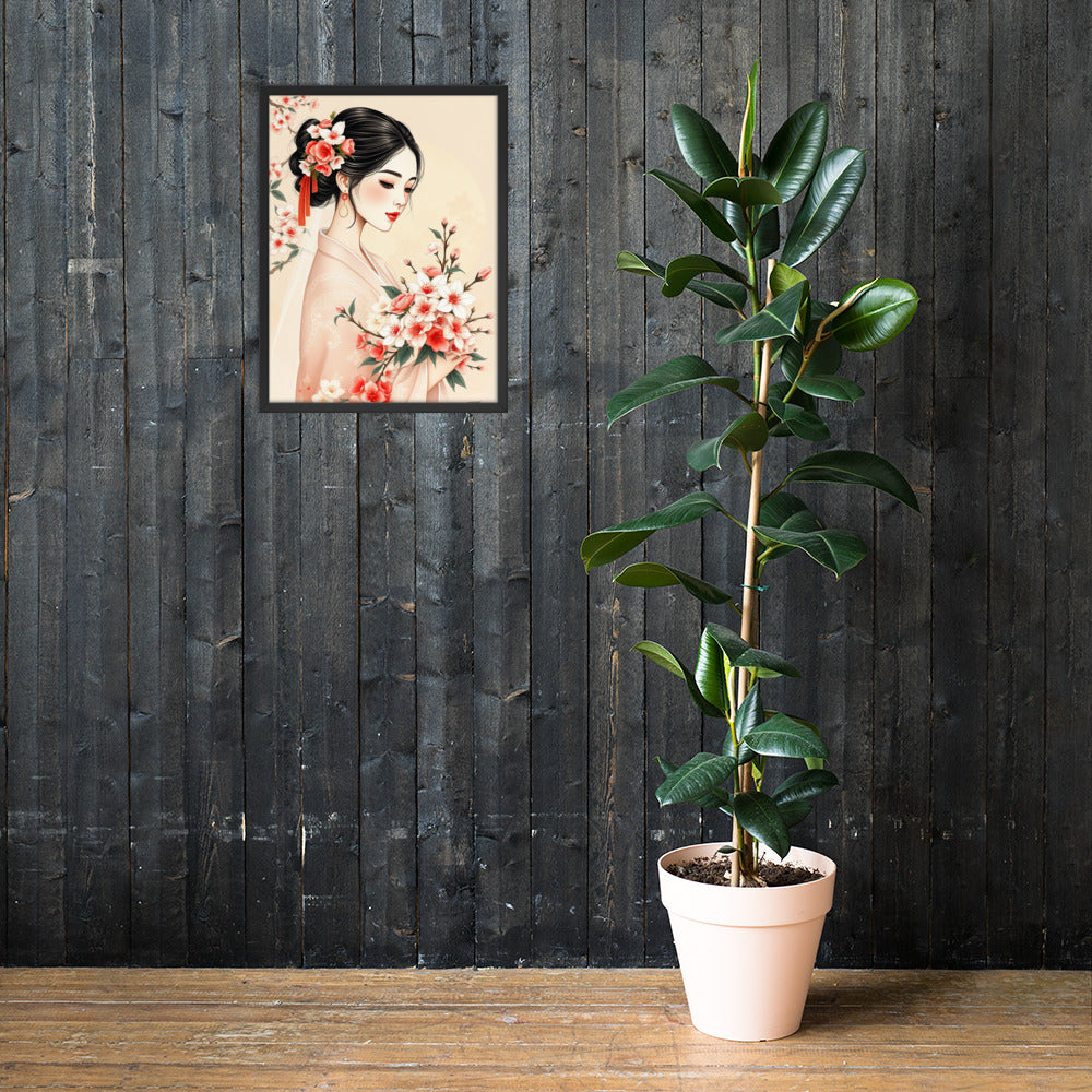 Elegant Cherry Blossom Bride – Framed Art Print - Romantic Kachoga Style Inspired Wall Decor - Framed poster