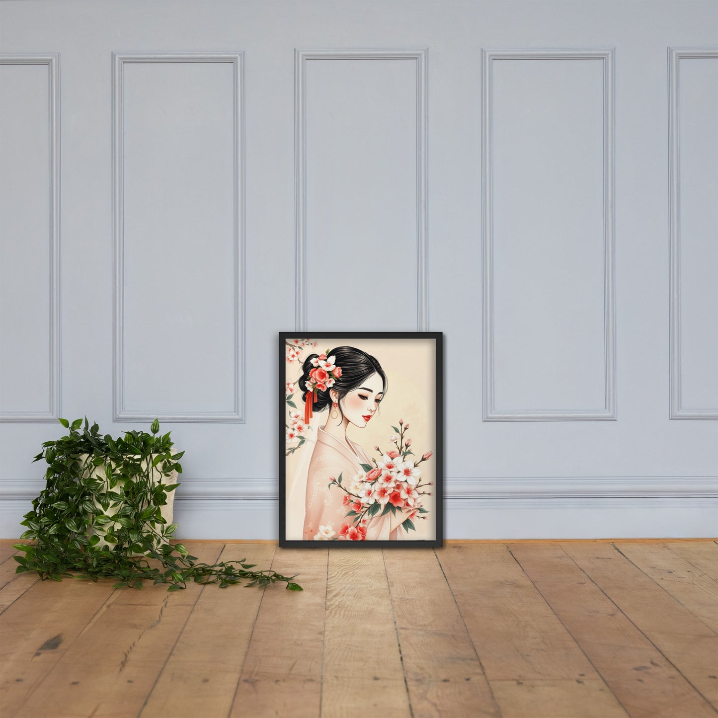 Elegant Cherry Blossom Bride – Framed Art Print - Romantic Kachoga Style Inspired Wall Decor - Framed poster