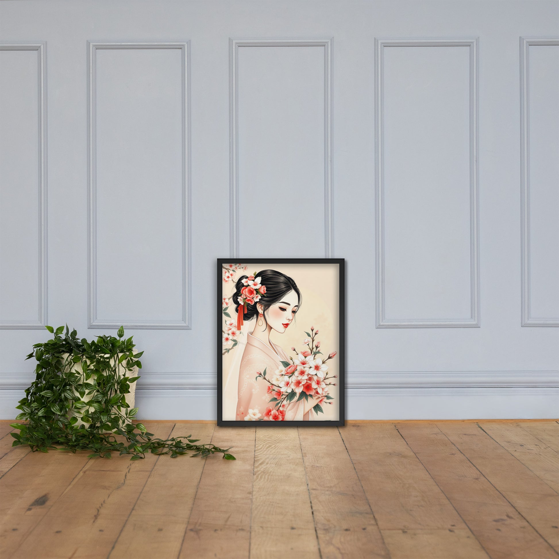 Elegant Cherry Blossom Bride – Framed Art Print - Romantic Kachoga Style Inspired Wall Decor - Framed poster