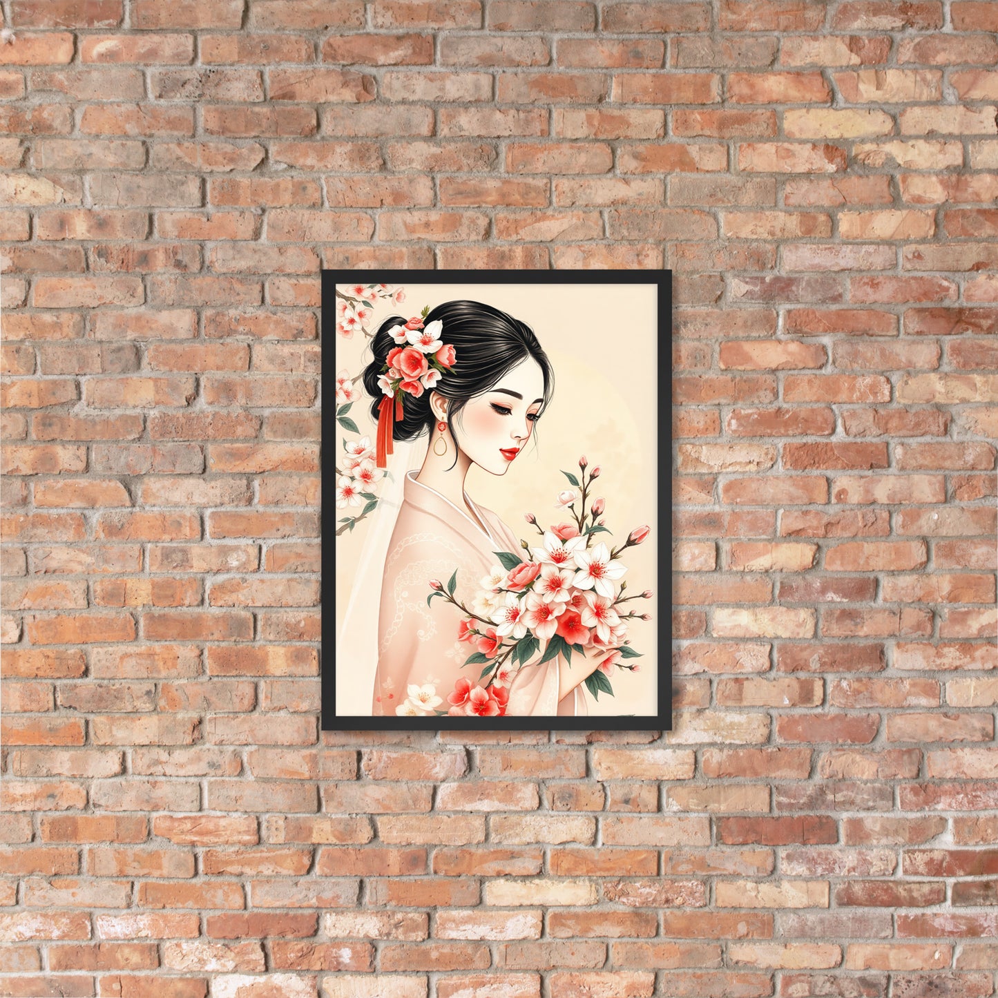 Elegant Cherry Blossom Bride – Framed Art Print - Romantic Kachoga Style Inspired Wall Decor - Framed poster