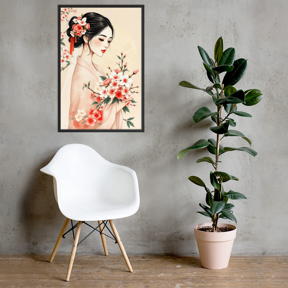 Elegant Cherry Blossom Bride – Framed Art Print - Romantic Kachoga Style Inspired Wall Decor - Framed poster