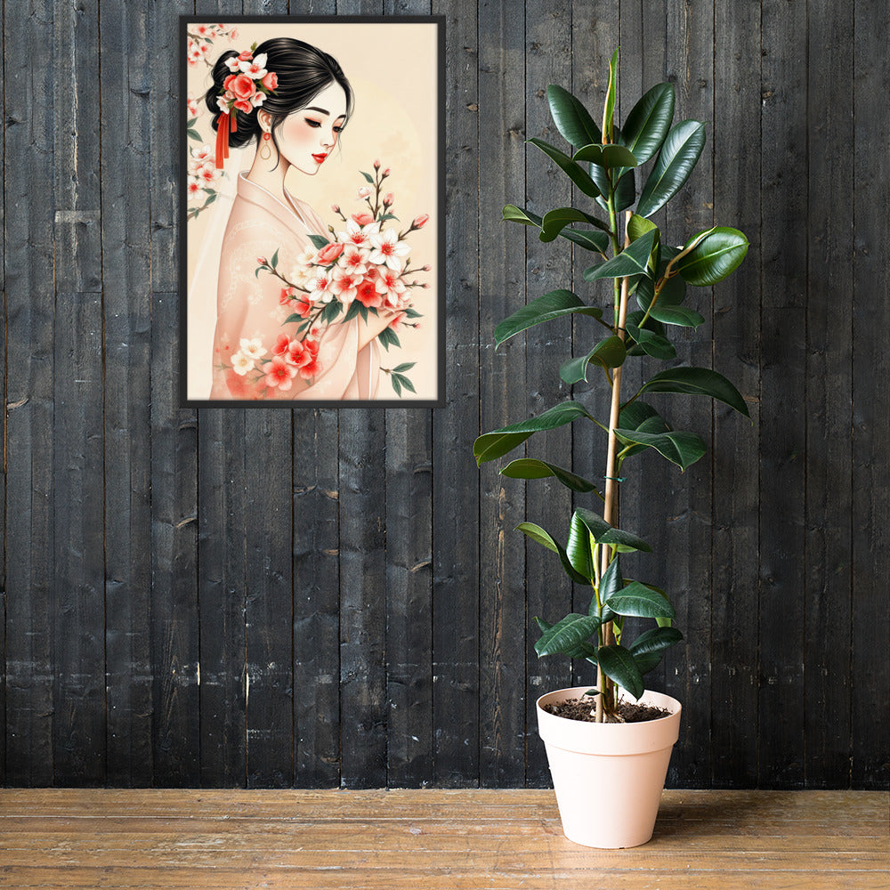 Elegant Cherry Blossom Bride – Framed Art Print - Romantic Kachoga Style Inspired Wall Decor - Framed poster