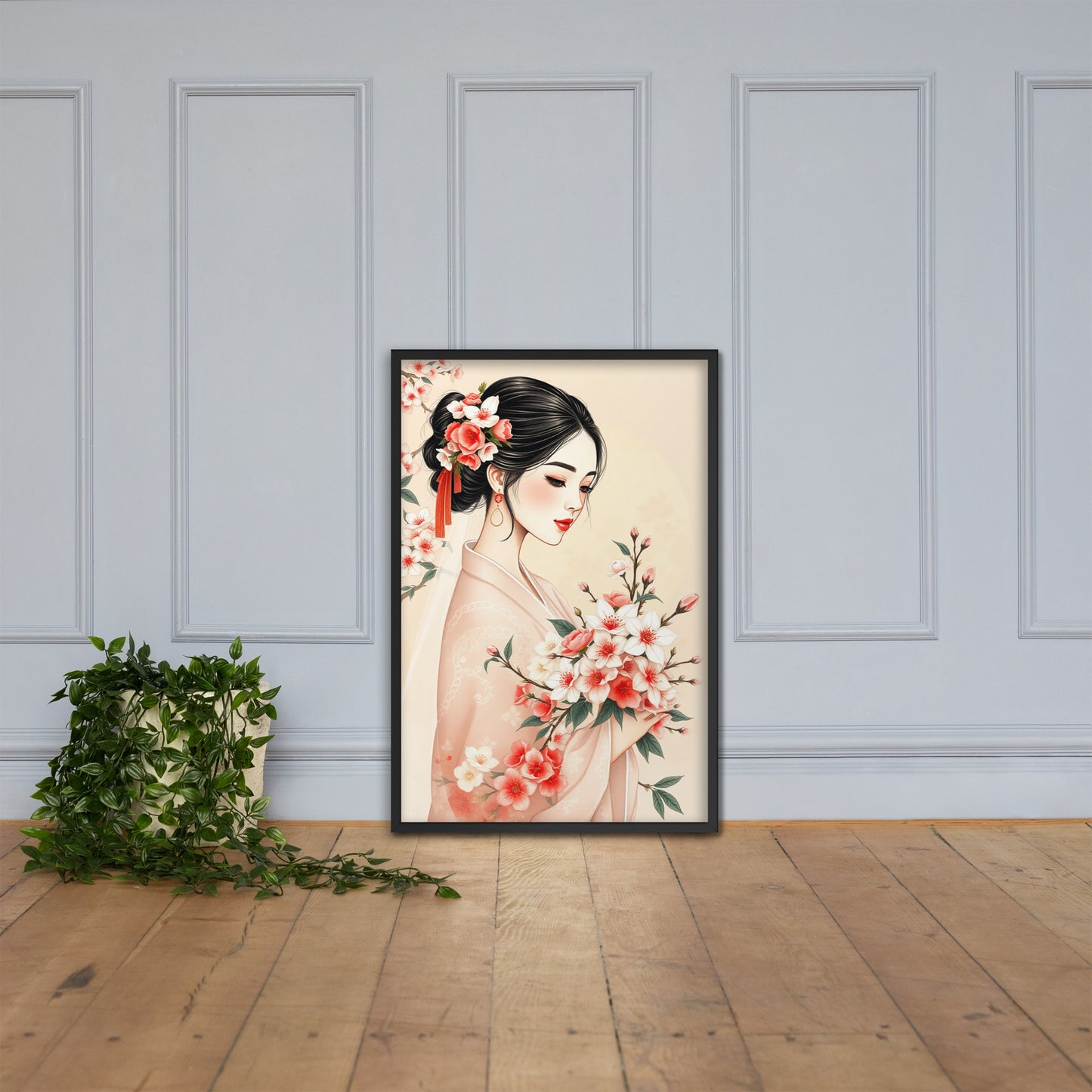 Elegant Cherry Blossom Bride – Framed Art Print - Romantic Kachoga Style Inspired Wall Decor - Framed poster