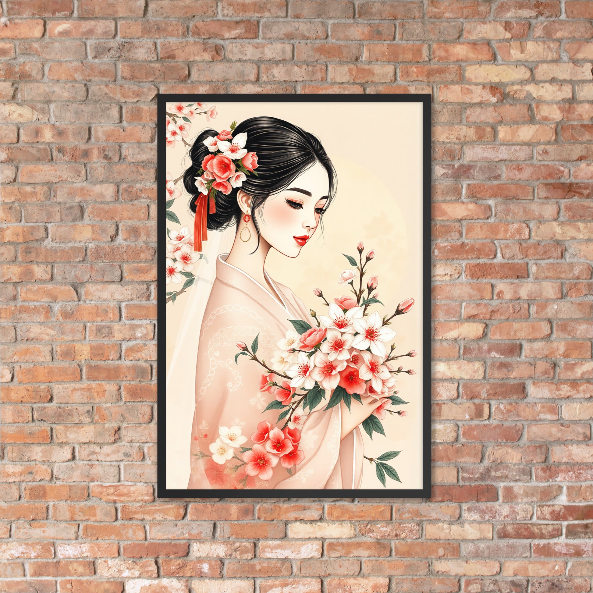 Elegant Cherry Blossom Bride – Framed Art Print - Romantic Kachoga Style Inspired Wall Decor - Framed poster